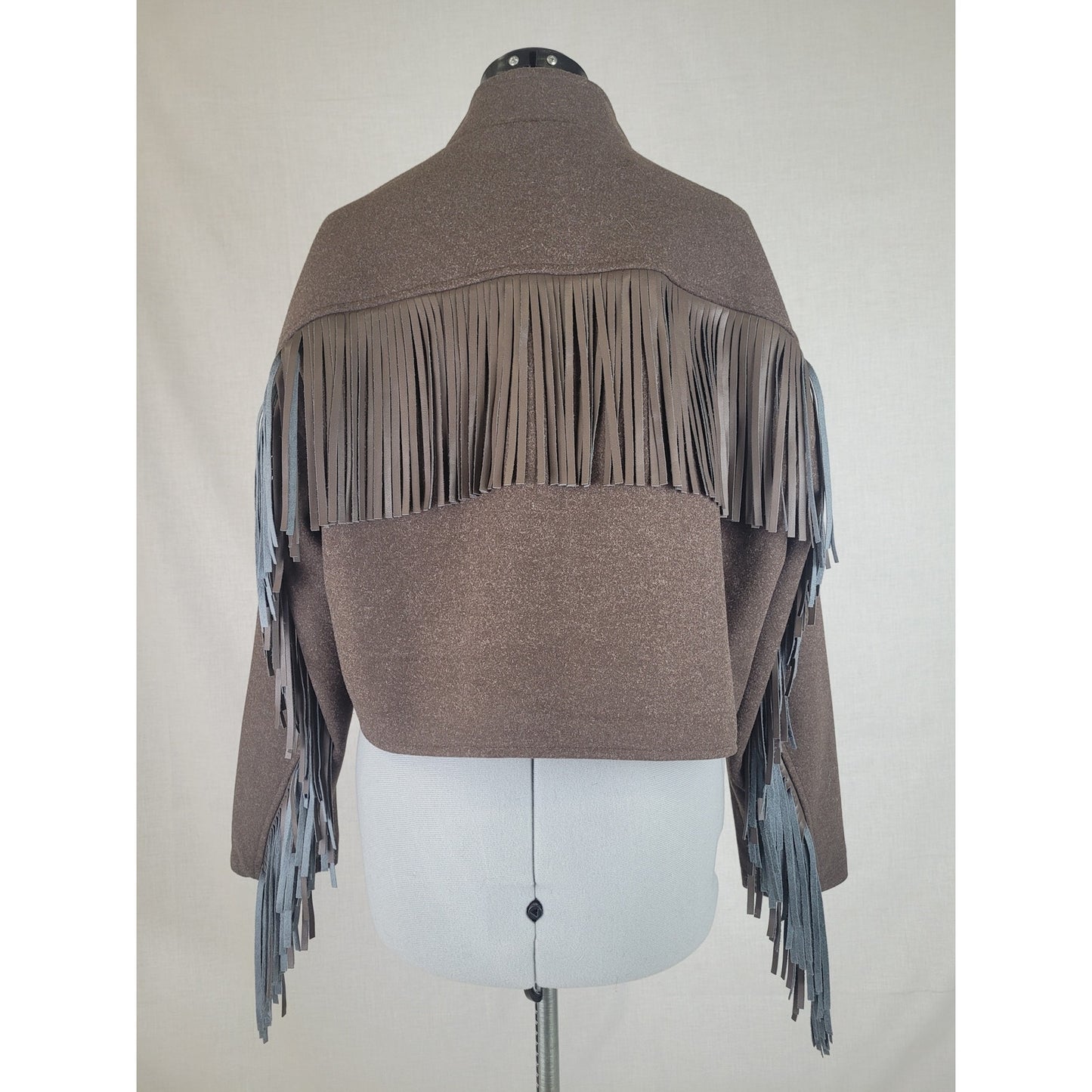 BLANK NYC Anthropologie Brown Cropped Fringe Bomber Jacket Women's Sz L NWT