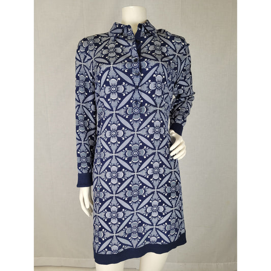Diane von Furstenburg Sorrel Navy Blue Silk Pattern & Knit Shirt Mini Dress Sz S