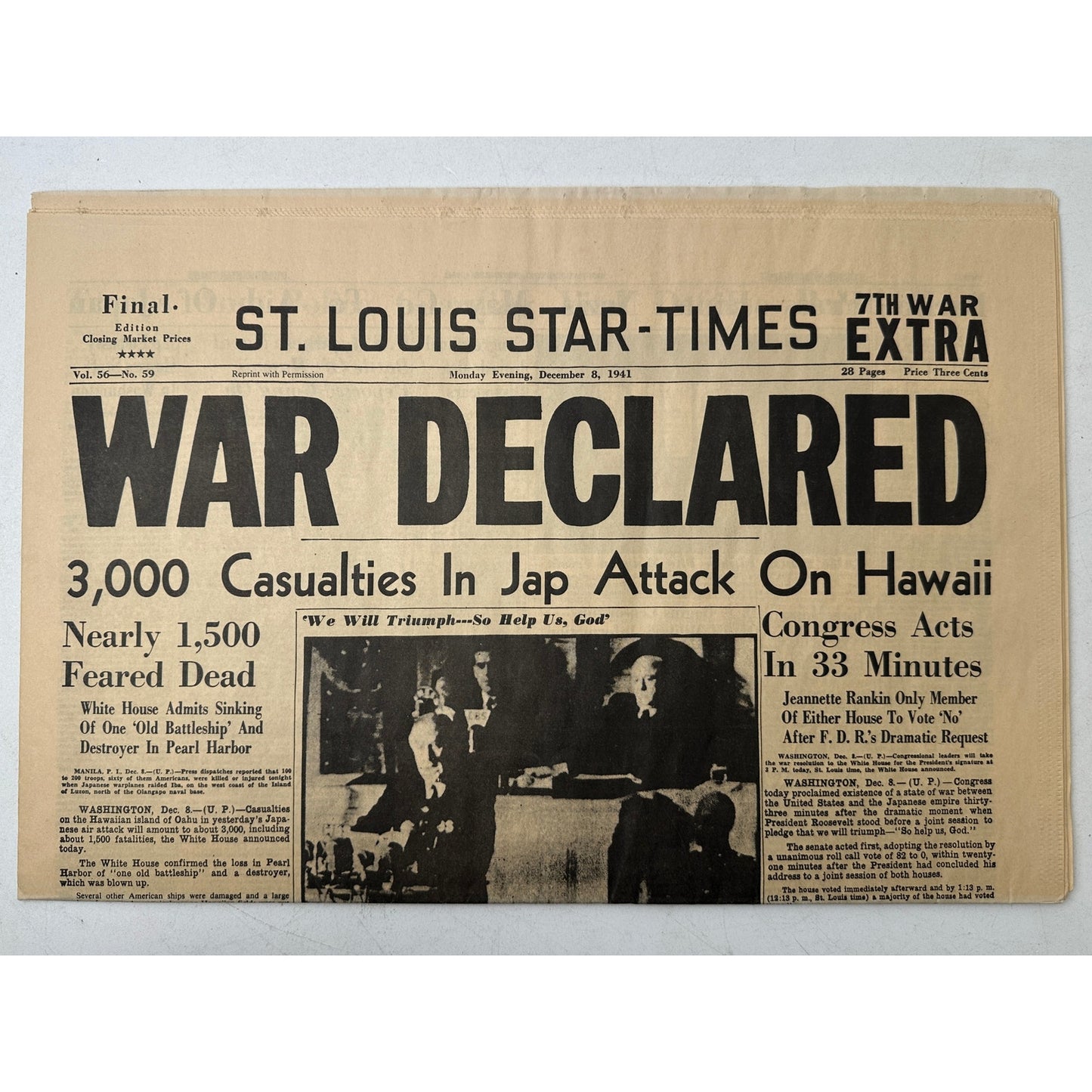 Vintage St. Louis Star-Times December 8, 1941 WWII Pearl Harbor War Declared Newspaper