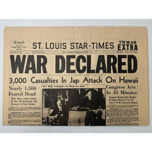 Vintage St. Louis Star-Times December 8, 1941 WWII Pearl Harbor War Declared Newspaper