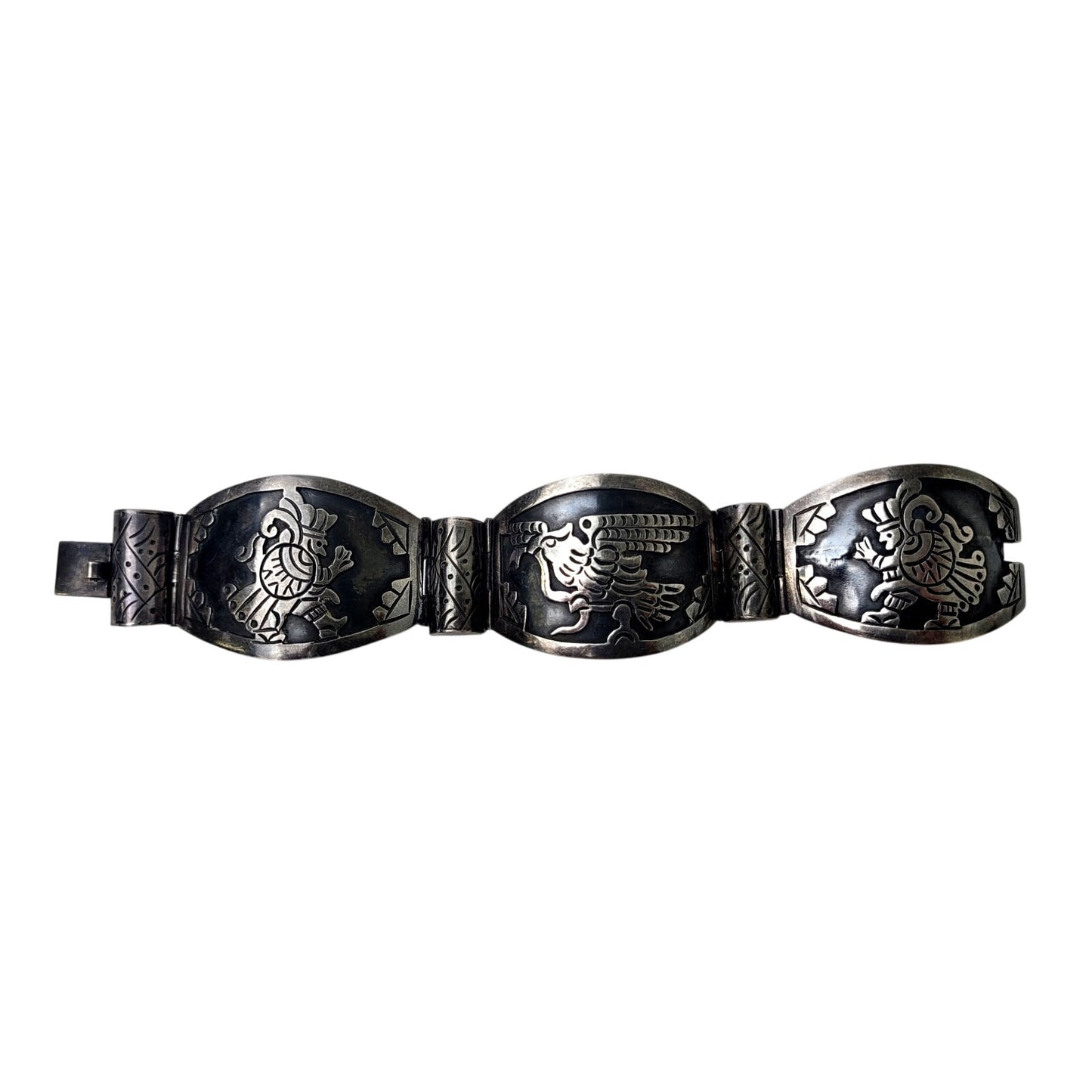 Vintage Mexican Sterling Silver Panel Bracelet Eagle & Aztec Warriors | 42.66 g