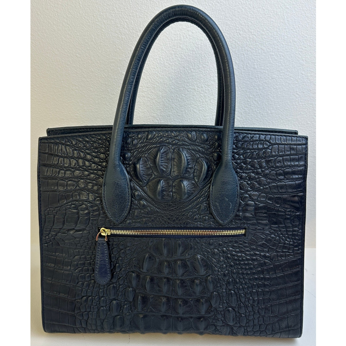PIJUSHI Dark Blue Crocodile-Embossed Leather Satchel Bag with Gold Hardware