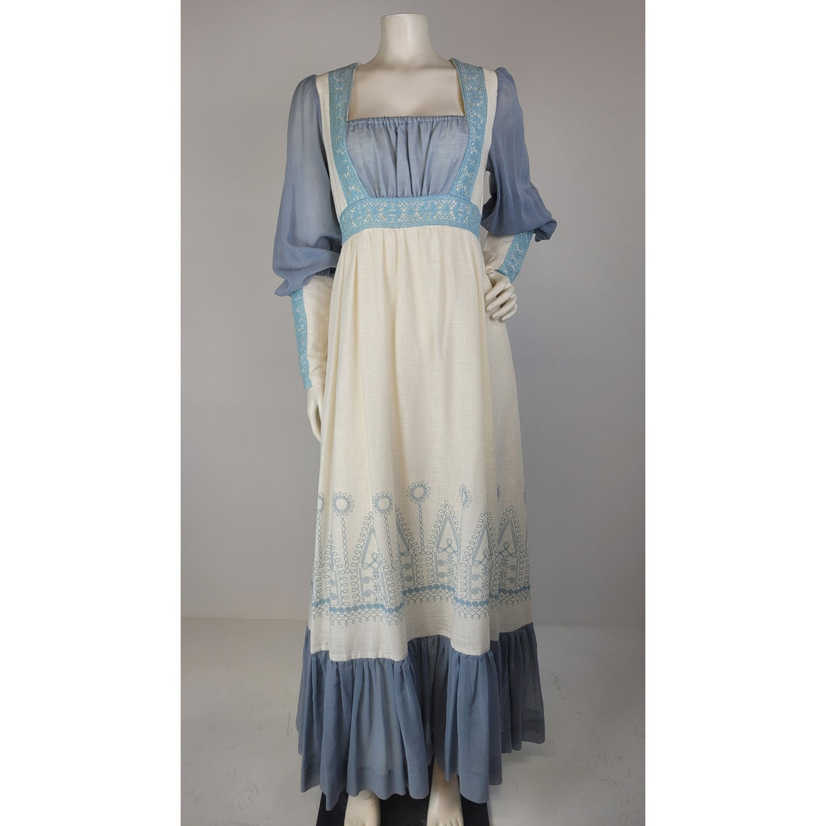 VTG 70s Gunne Sax Medieval Revival Maxi Dress Blue & Ivory w Embroidery Sz 9 (S)