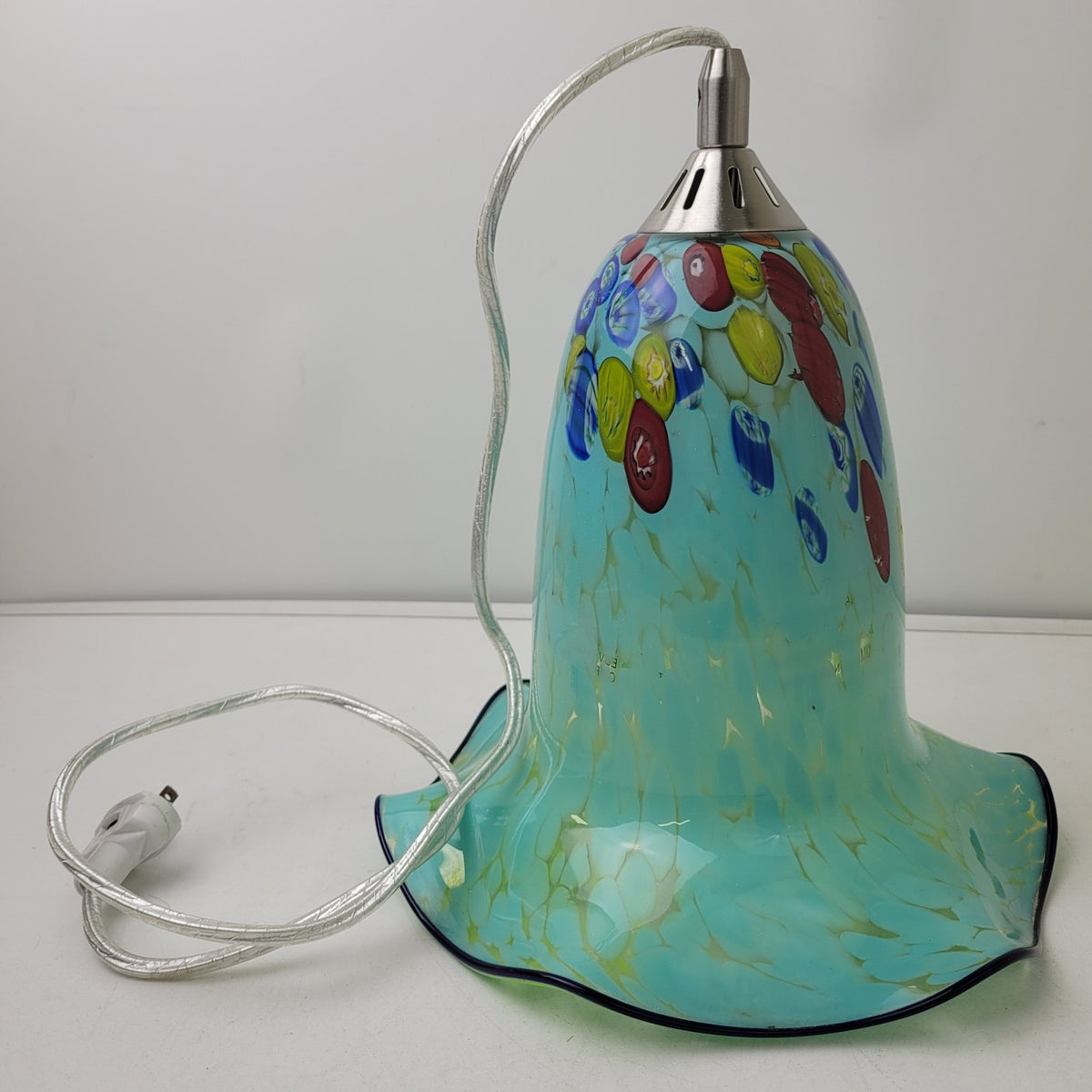Art Glass Handblown Turquoise Blue Confetti Style Ruffled Edge Pendant Light