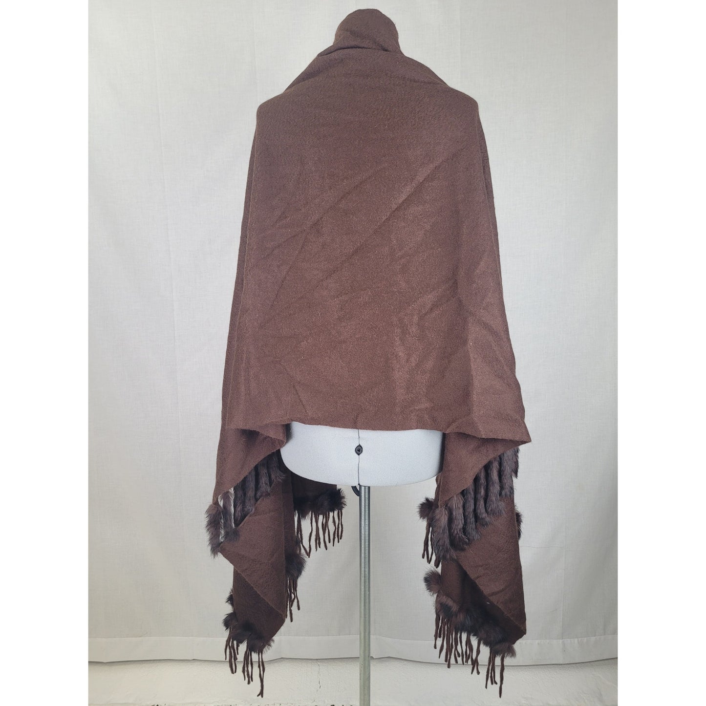 Vintage Brown Cashmere Shawl Scarf Rabbit Fur Trim and Fringe