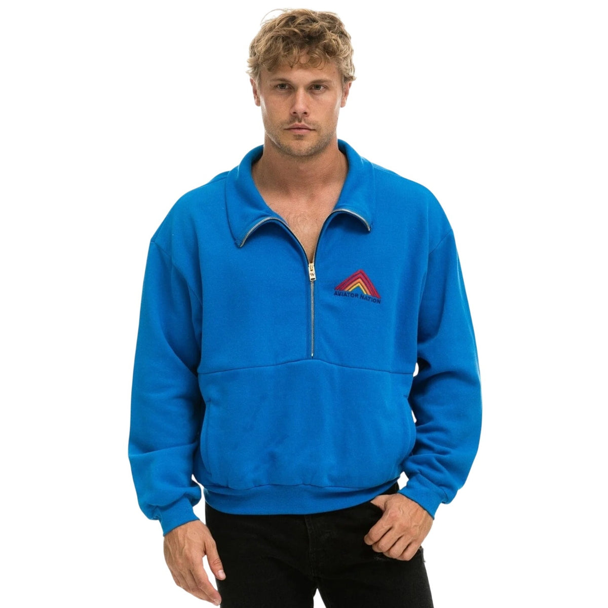 Aviator Nation Mountain Embroidery Half Zip Sweatshirt Ocean Blue Sz M