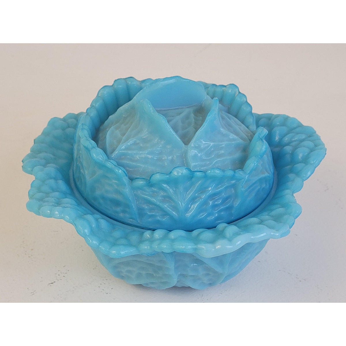 Vintage French Opaline Glass Portieux Vallerysthal Cabbage-Shaped Covered Bowl