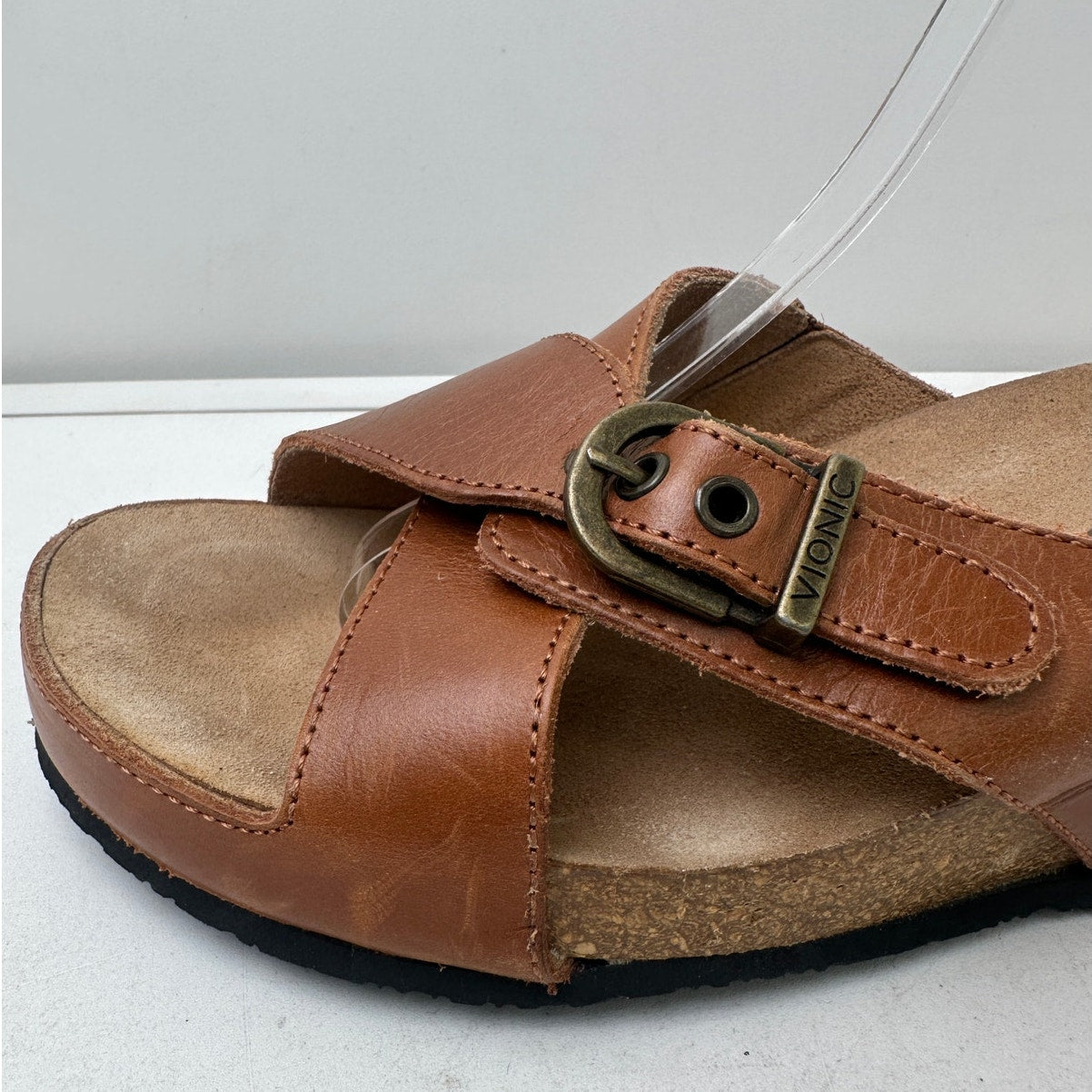 Vionic Orthaheel Mallorca Brown Leather Wedge Slide Sandals Women's Sz 9