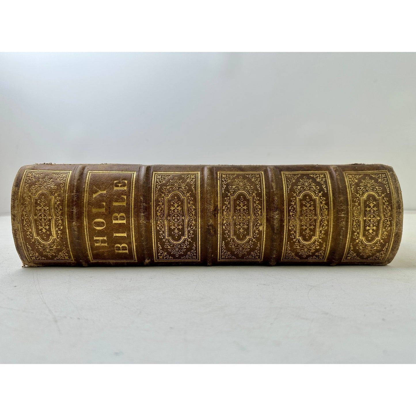 Antique 1870s Leather Pictorial Family Bible Gilt Embossed John 5:39 Cover Folio