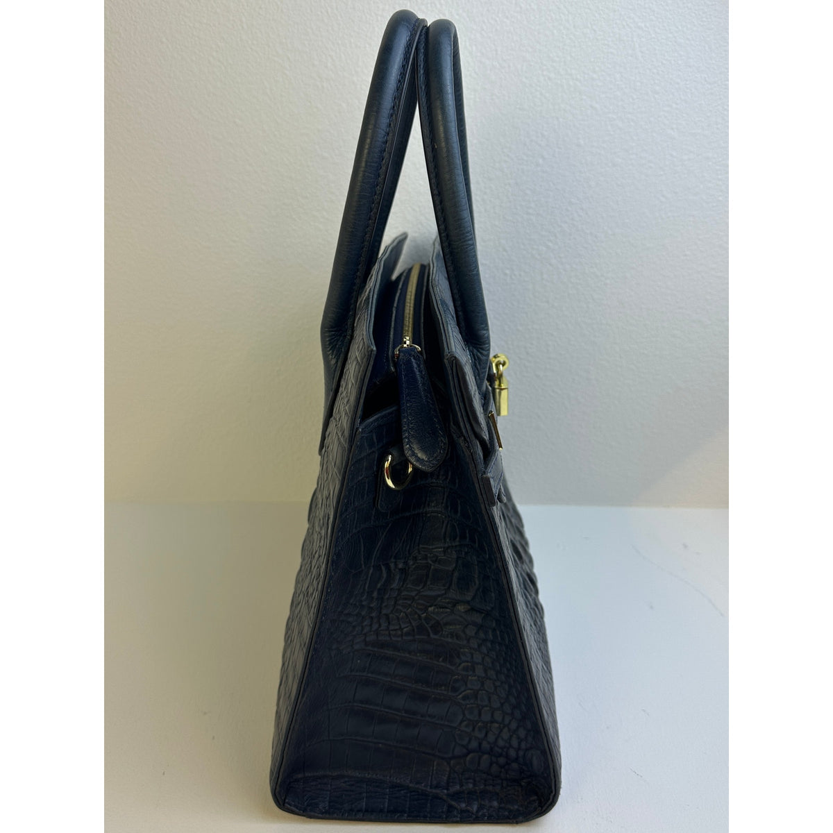 PIJUSHI Dark Blue Crocodile-Embossed Leather Satchel Bag with Gold Hardware