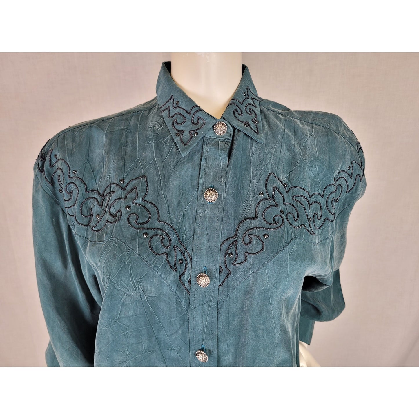 Vintage Rodeo Queen Emerald Green Silky Button-up Blouse with Embroidery Sz M