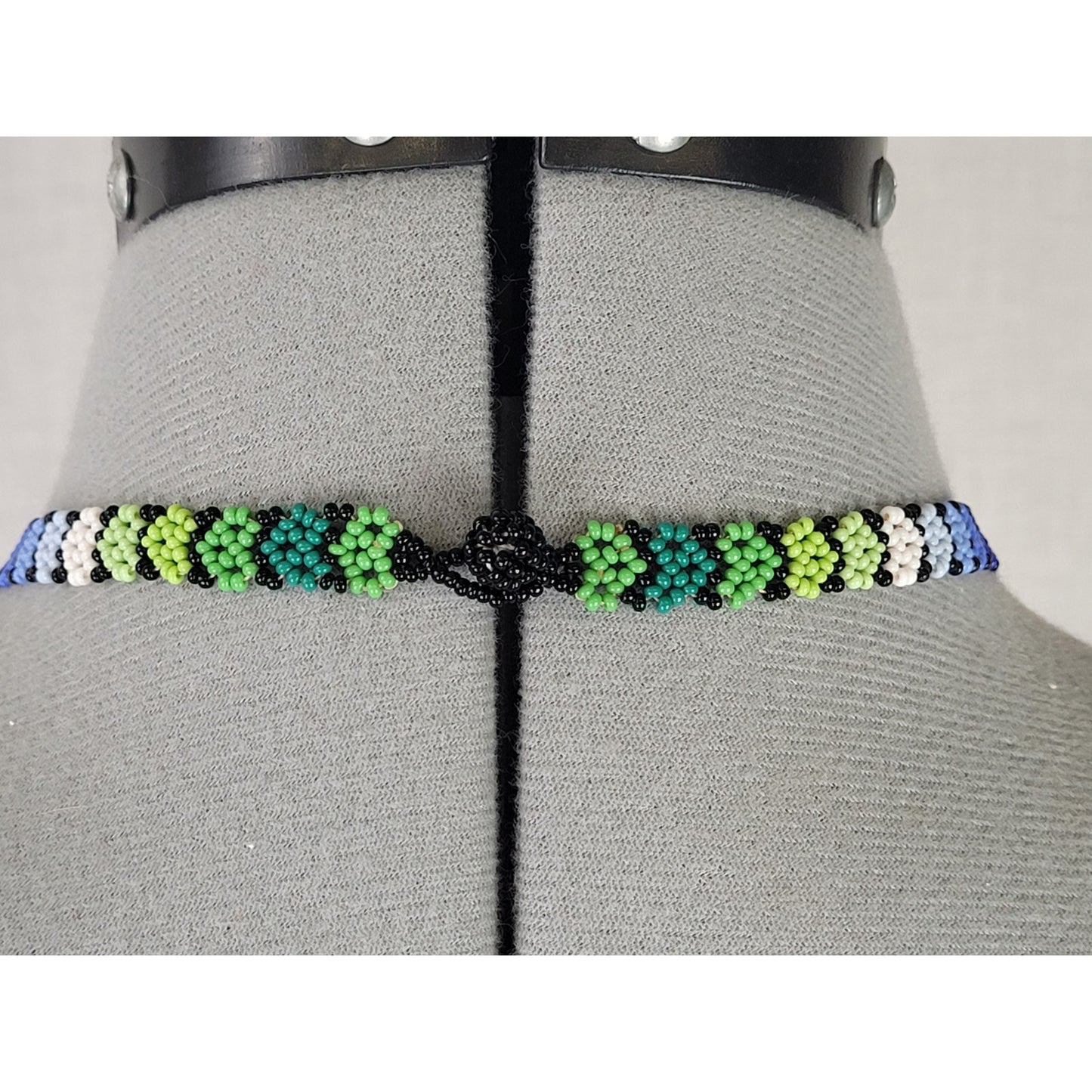 Huichol Beaded Flower Necklace Blue & Green Glass Beads