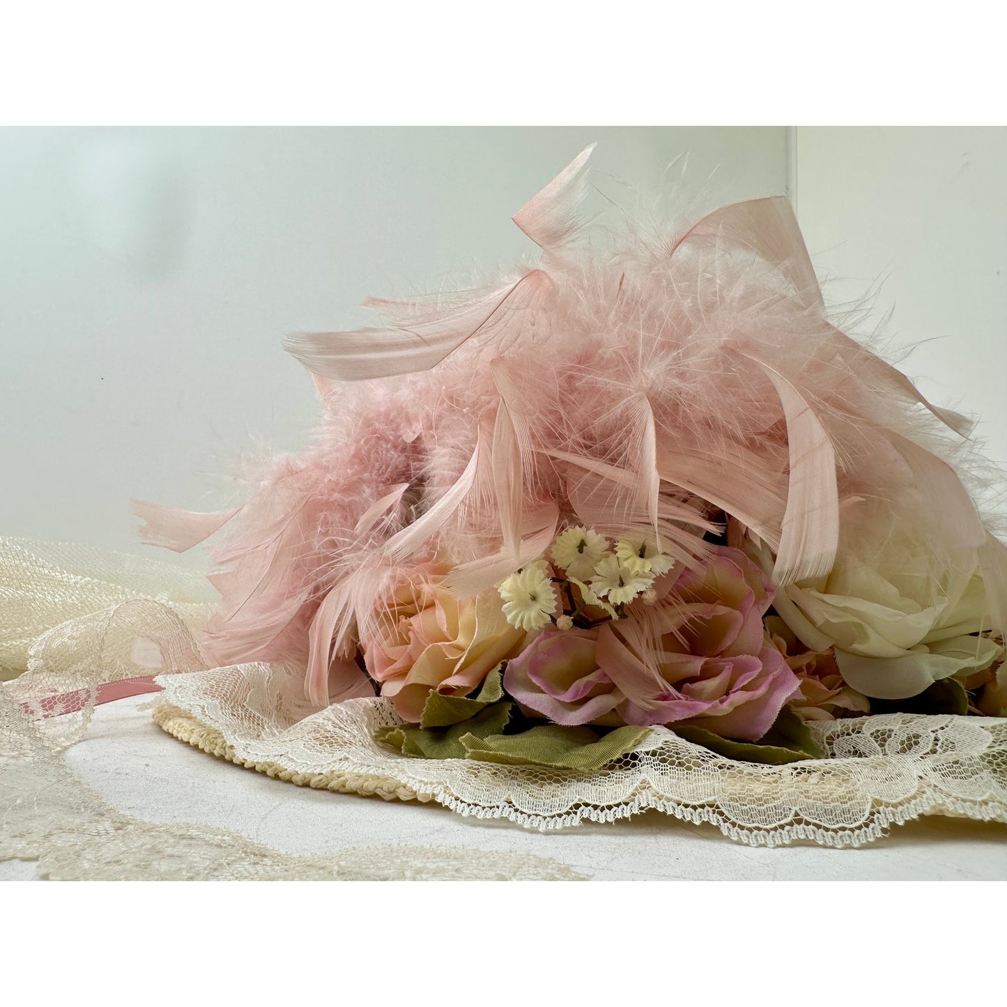 VTG Elsie Massey Originals Pink Floral Wide Brim Victorian Derby Hat