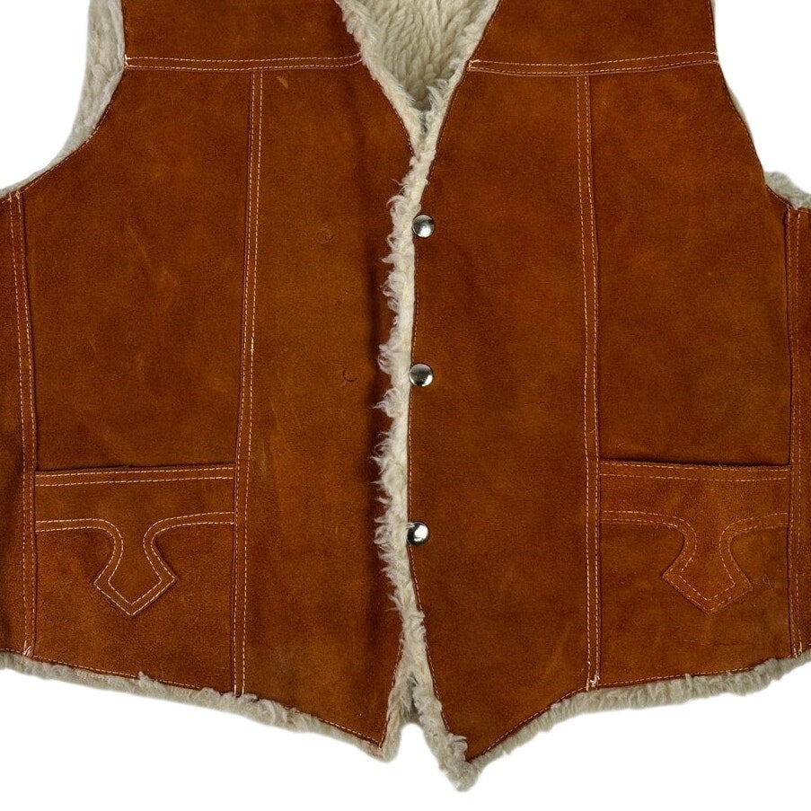 Vintage Western Burnt Orange Genuine Suede Leather Sherpa Lined Vest Men's Sz XL