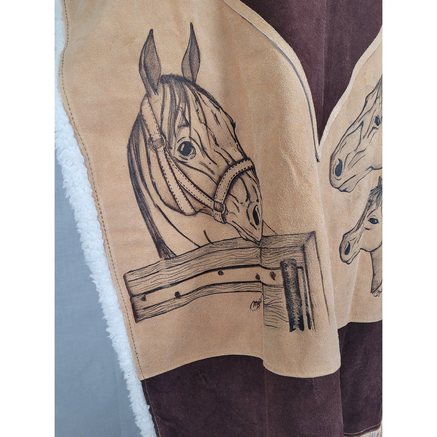 Mexican-made Western-style Leather Poncho w Fringe Cowboy and Horse Design
