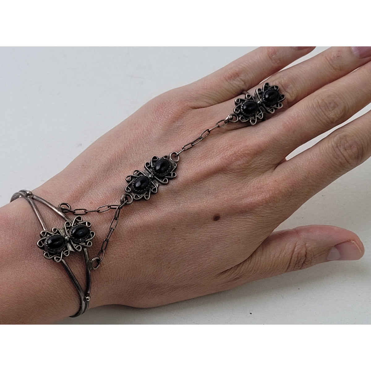 Vintage Navajo Sterling Silver Bracelet Ring Chained Set w Onyx Stones