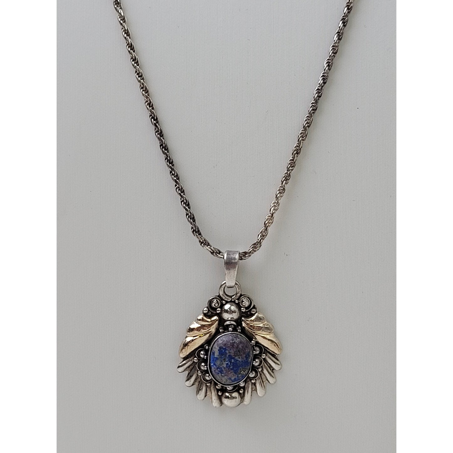 Vintage Sterling Silver Lapis Lazuli Stone Pendant w Matching 925 20" Rope Chain