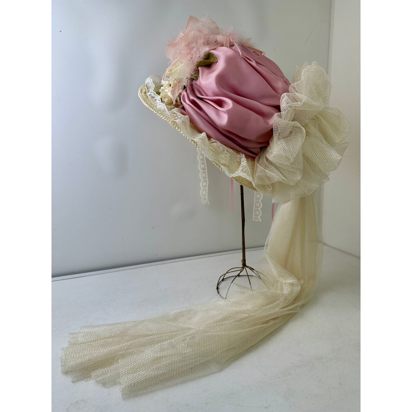 VTG Elsie Massey Originals Pink Floral Wide Brim Victorian Derby Hat