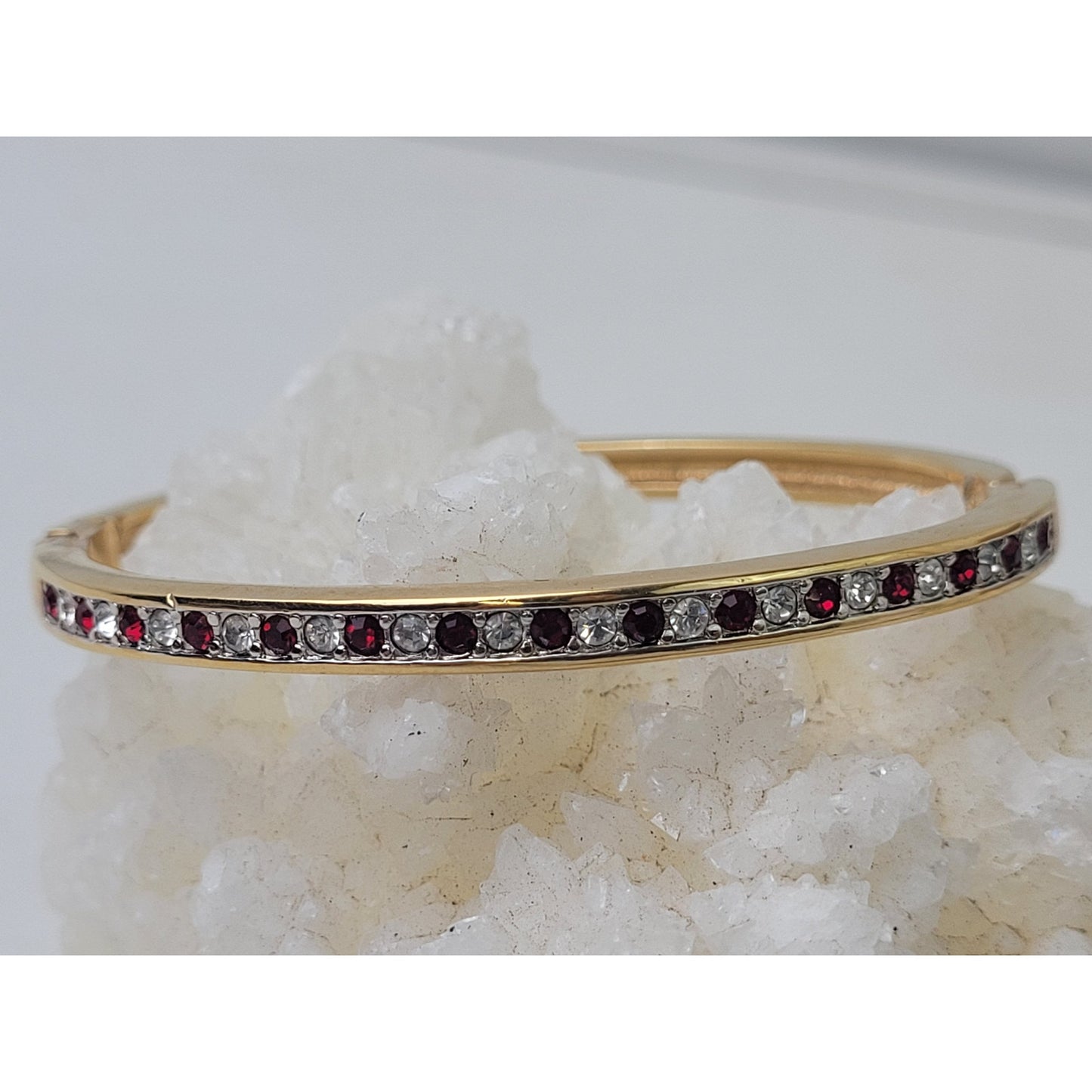 Swarovski Red & Clear Rhinestone Gold-Tone Hinged Bracelet Signed | 6.5 Inches