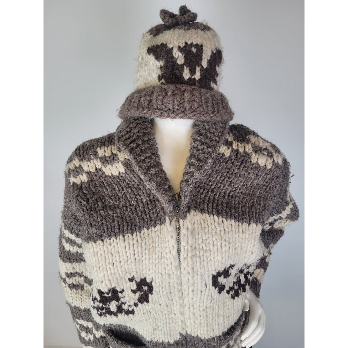 Vintage Heavy-Knit Wool Cowichan Style Zip-Up Sweater w Matching Toque Sz XS
