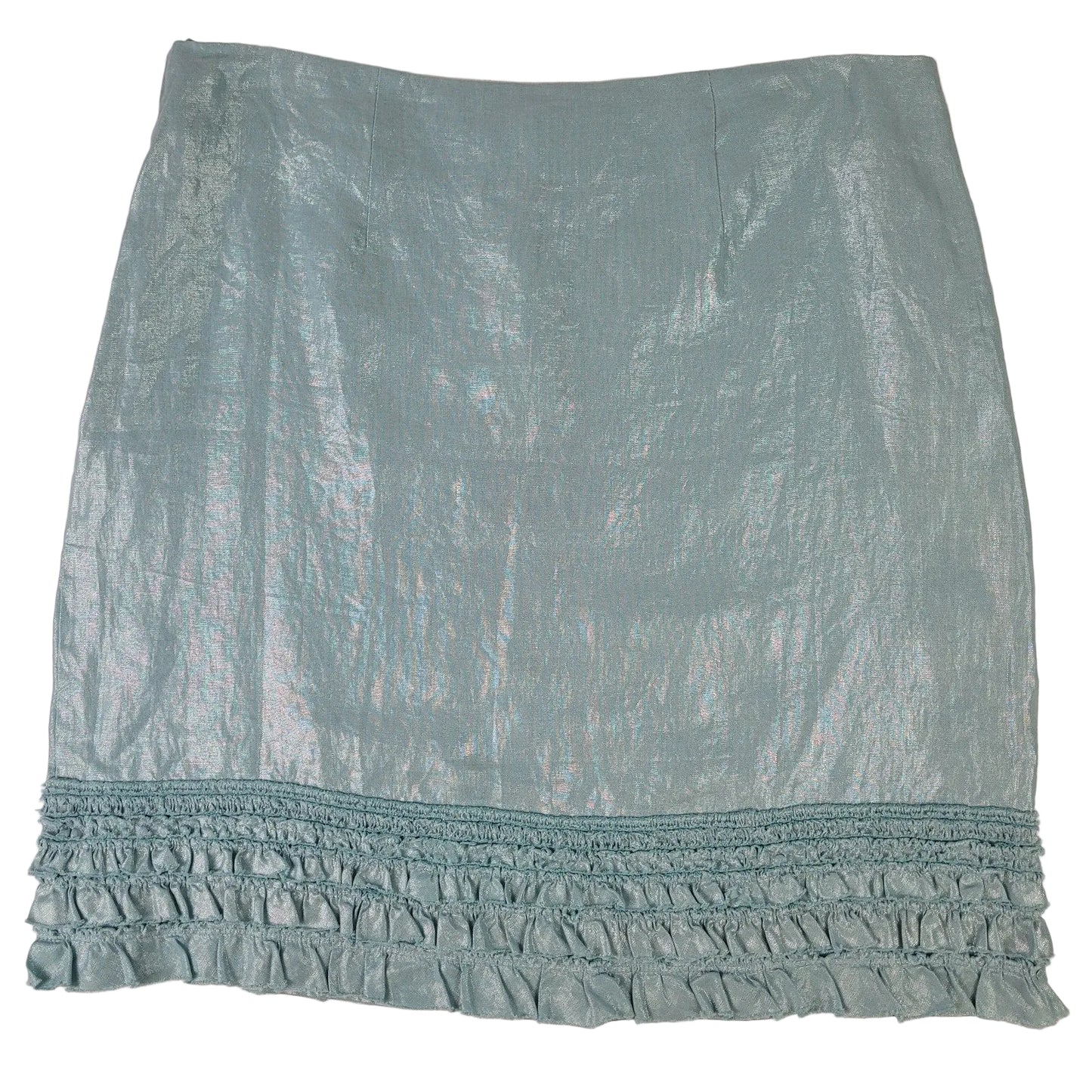 Tommy Bahama 100% Linen Shimmery Blue Mini Skirt w Ruffled Hem Detail Sz 10