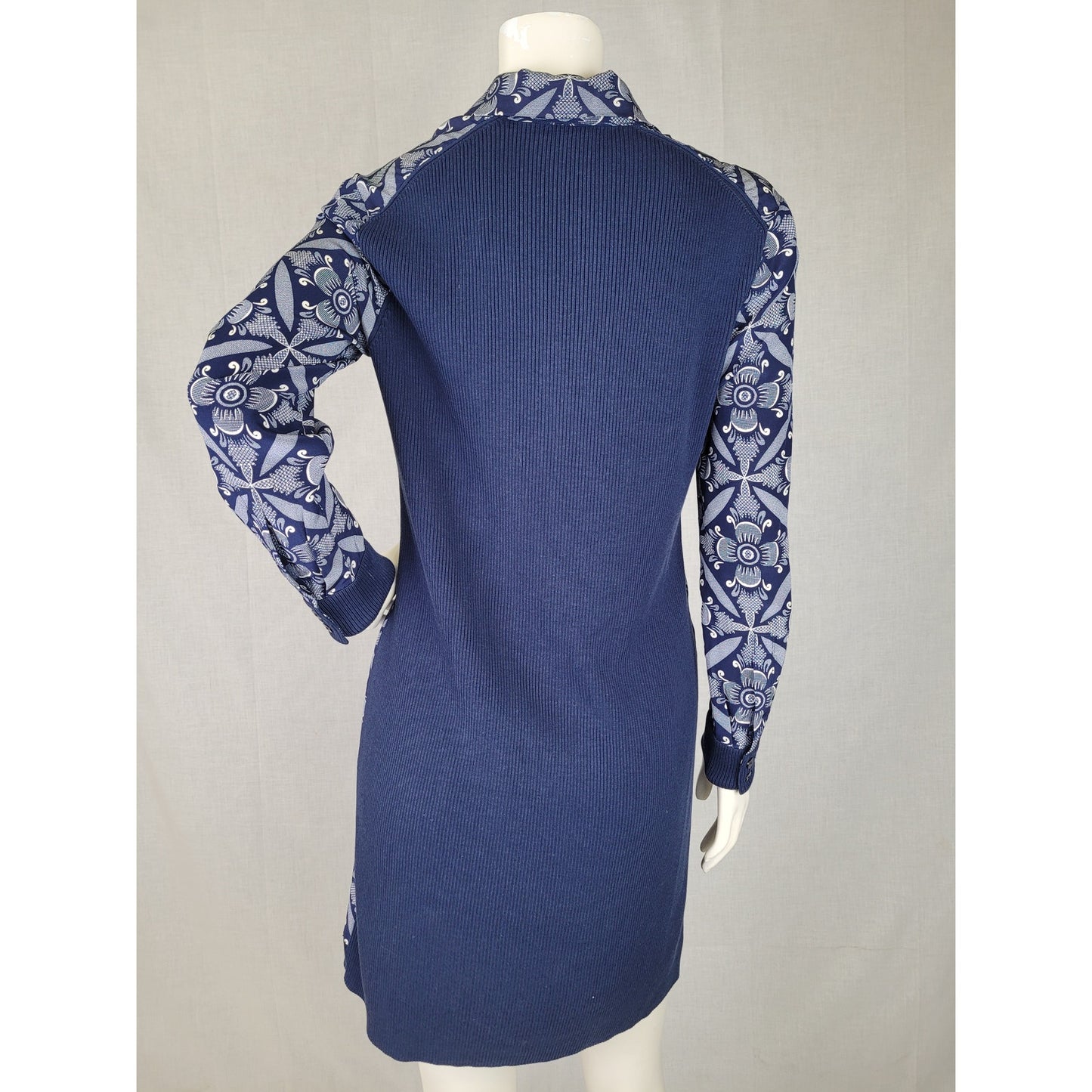 Diane von Furstenburg Sorrel Navy Blue Silk Pattern & Knit Shirt Mini Dress Sz S