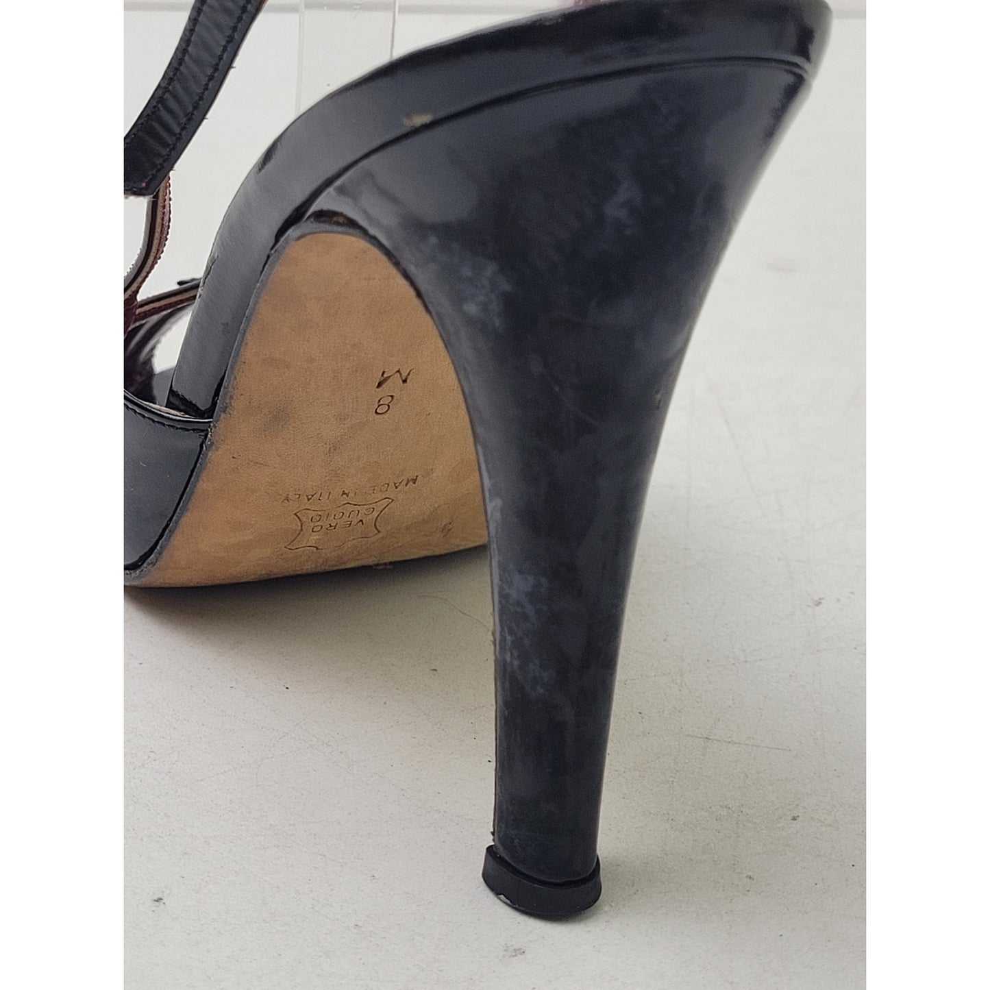 Vintage Yves Saint Laurent Black Patent Leather Peep-Toe Slingback Heels Sz 8