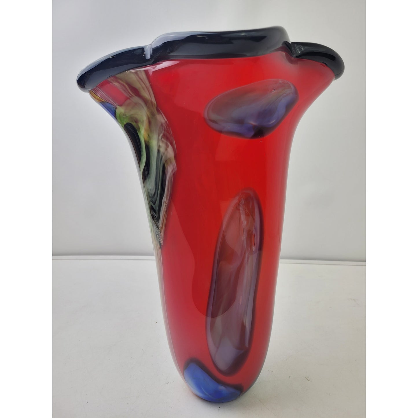 VTG Hand-Blown Murano Glass Handkerchief Vase Vibrant Red Multicolor 13.5" Tall