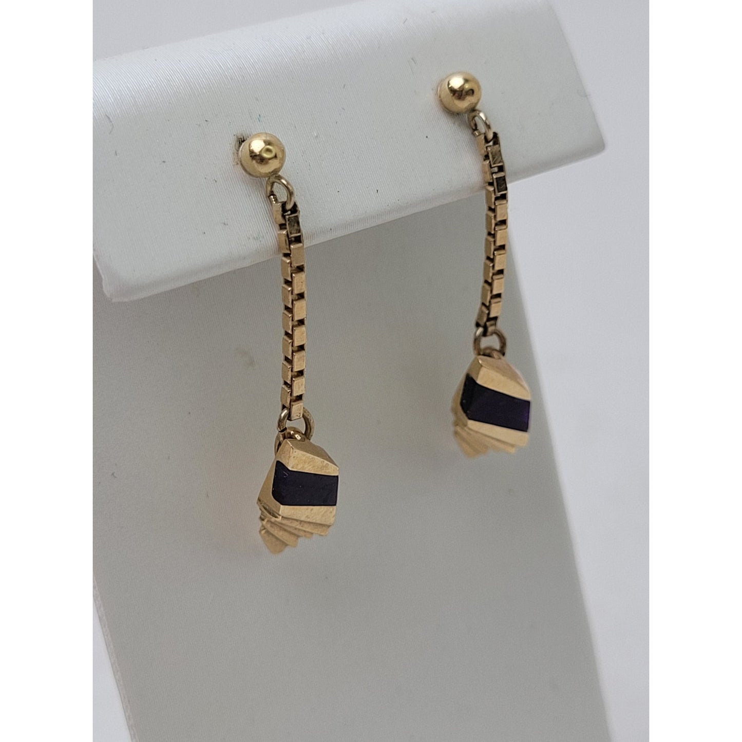Vintage 14K Yellow Gold Modernist Dangle Earrings Geometric Design Lapis Stone