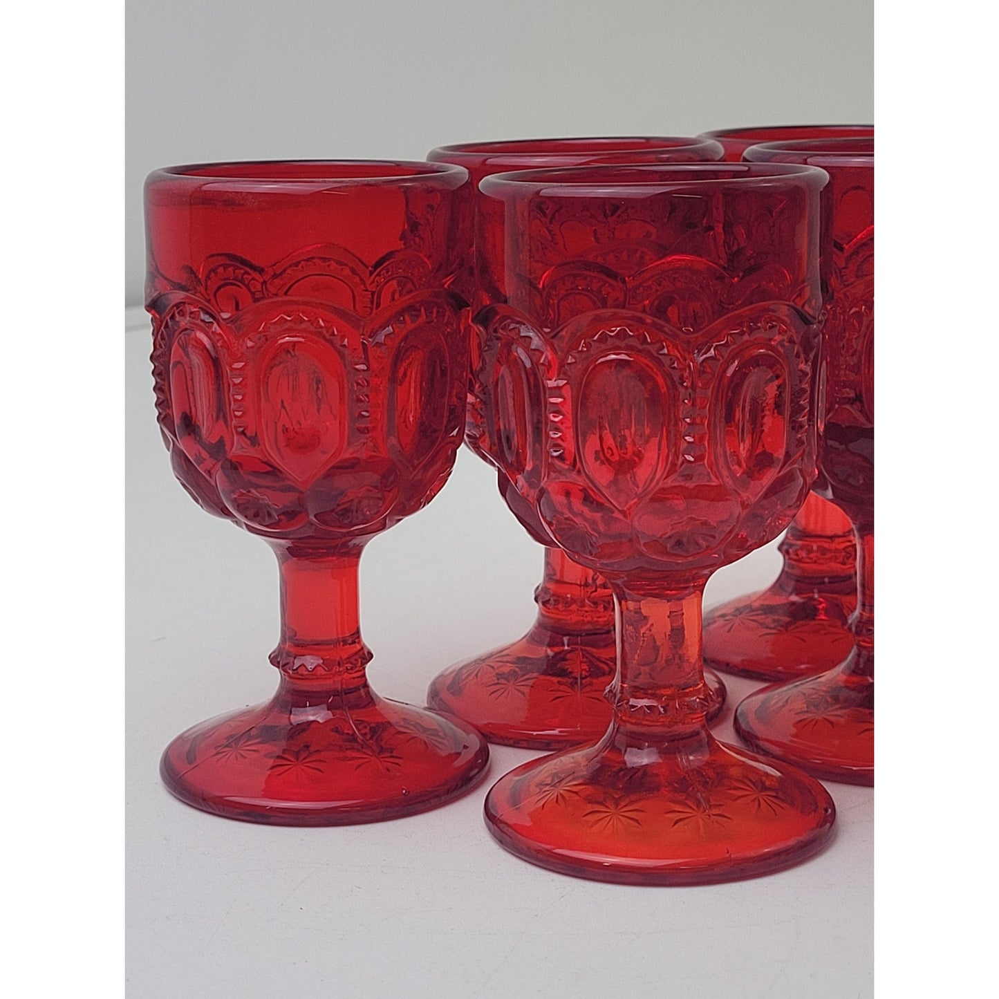 Vintage L.E. Smith Moon & Stars Ruby Red Wine Glasses - Set of 8 + bonus
