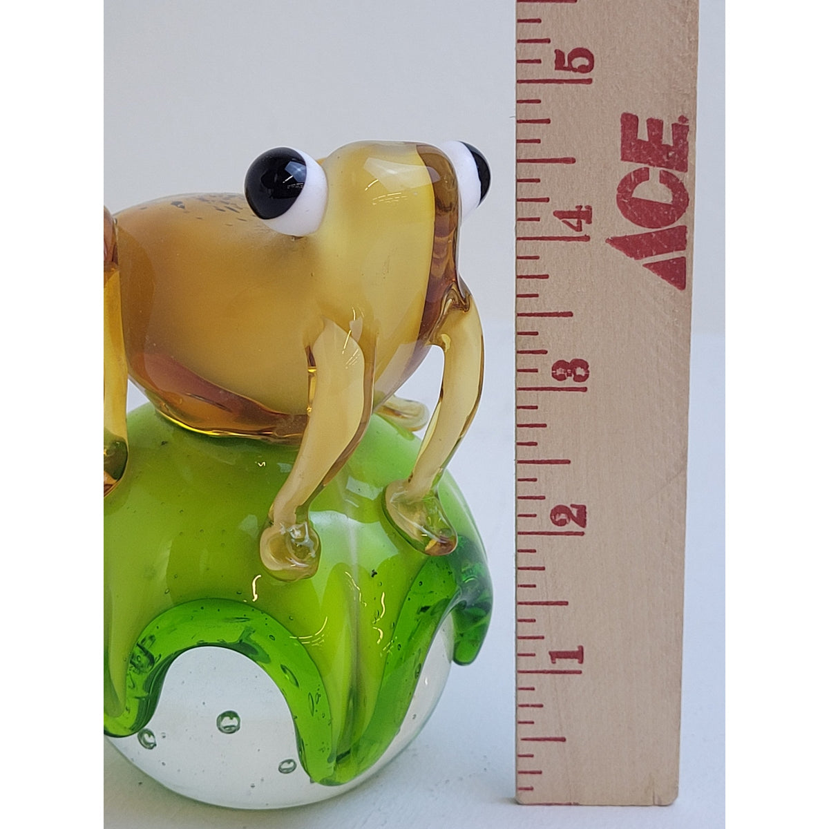 Vintage MCM Murano-Style Art Glass Frog on Lily Pad Green & Yellow