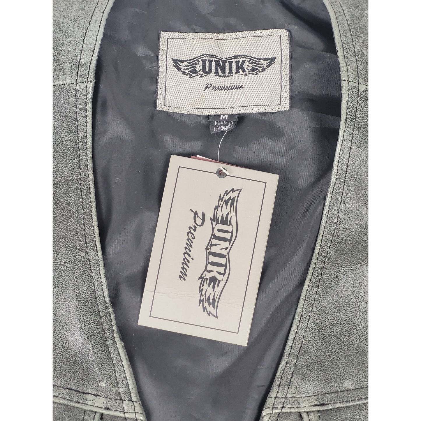 Unik Premium Distressed Grey Leather Motorcycle Vest w Front Chain Men's Sz M