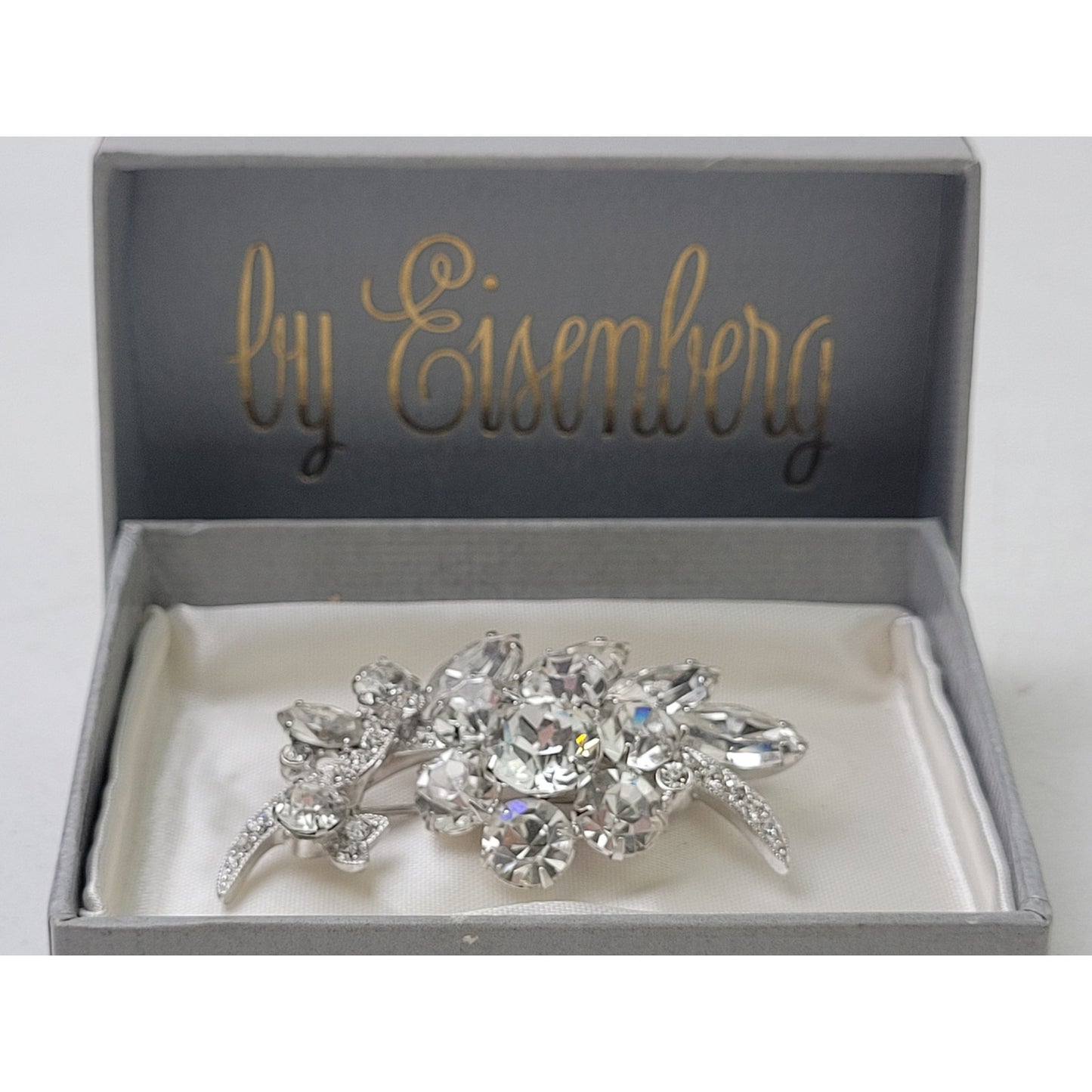 Vintage Signed Eisenberg Rhinestone Flower Spray Brooch in Branded Box