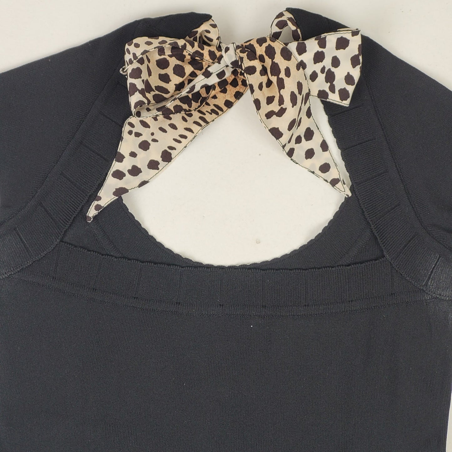 Roberto Cavalli Black Low Back Fitted Knit Top Ft. Leopard Silk Tie Back Sz S/M