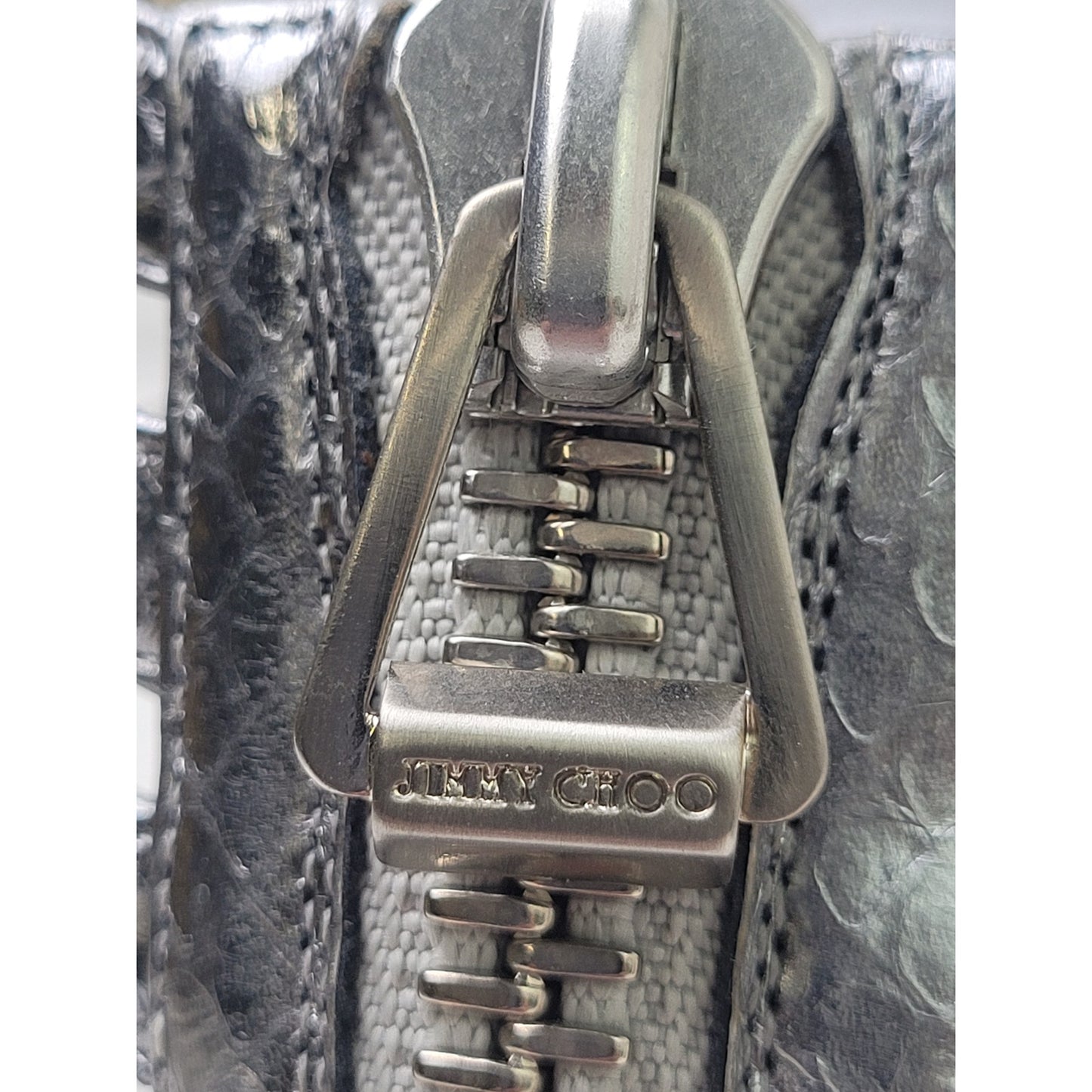 Jimmy Choo Glenys Gladiator Sandals High Heels Silver Snakeskin Print Sz 38 1/2