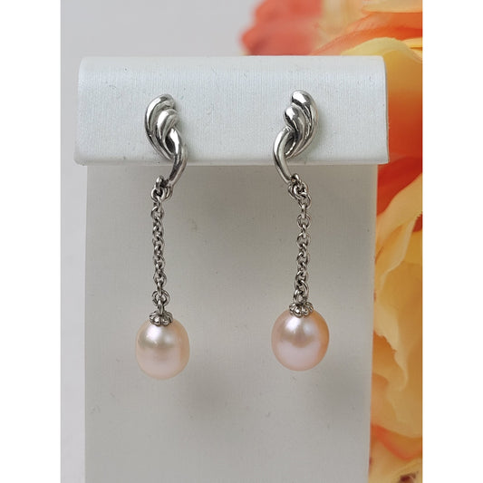VTG Sterling Silver Drop Dangle Earrings Pink Freshwater Pearls & Chain | 42mm L