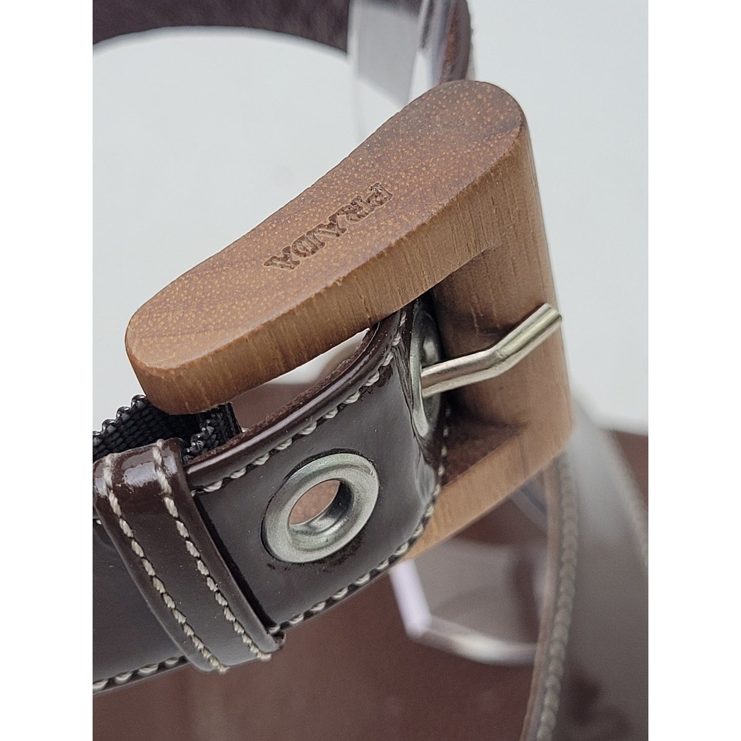 PRADA Brown Patent Leather Strappy Wooden Block Heels Sz 37.5/7 | Made in Italy
