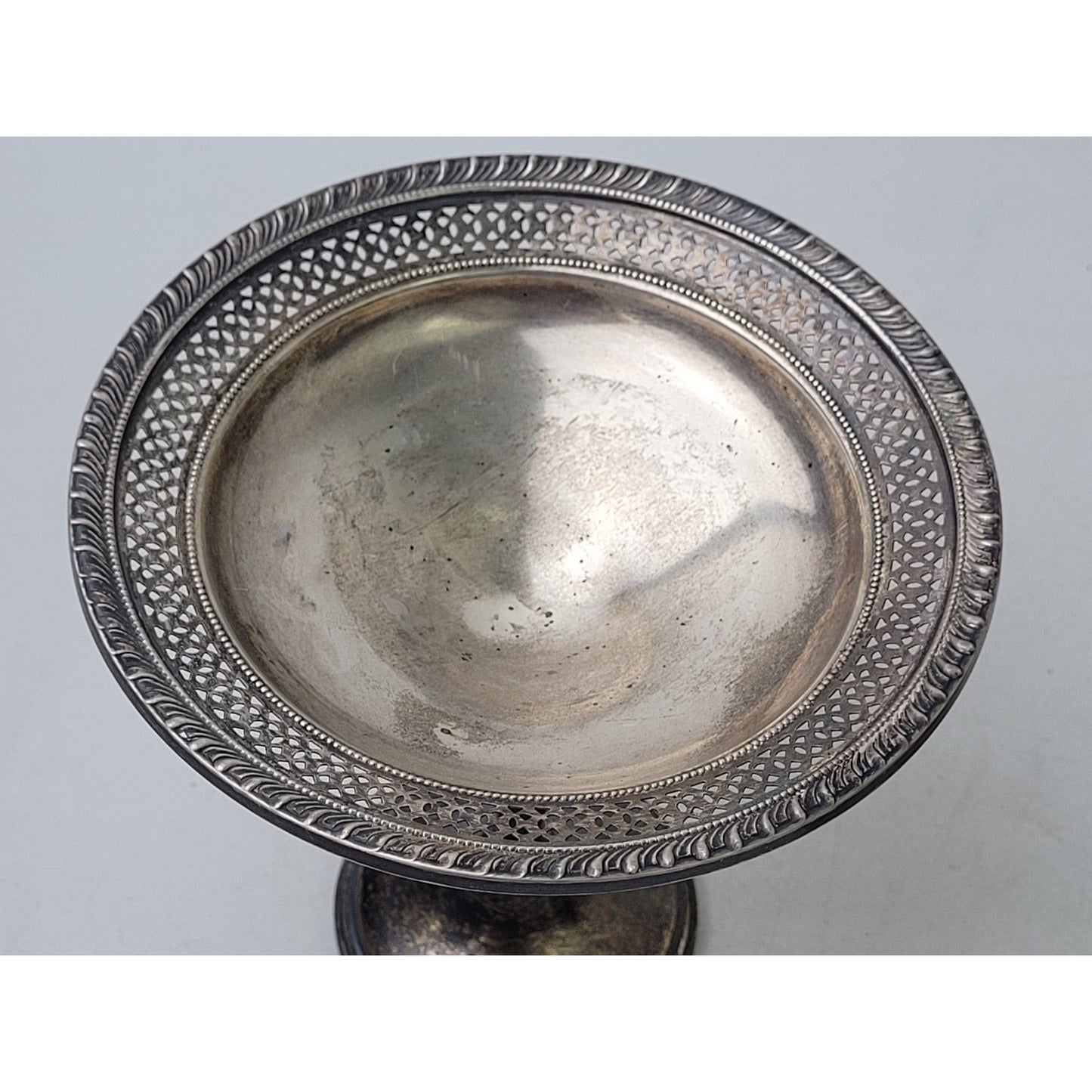 Vintage Sterling Silver Weighted Compote Pedestal Dish ft Pierced Lattice Border