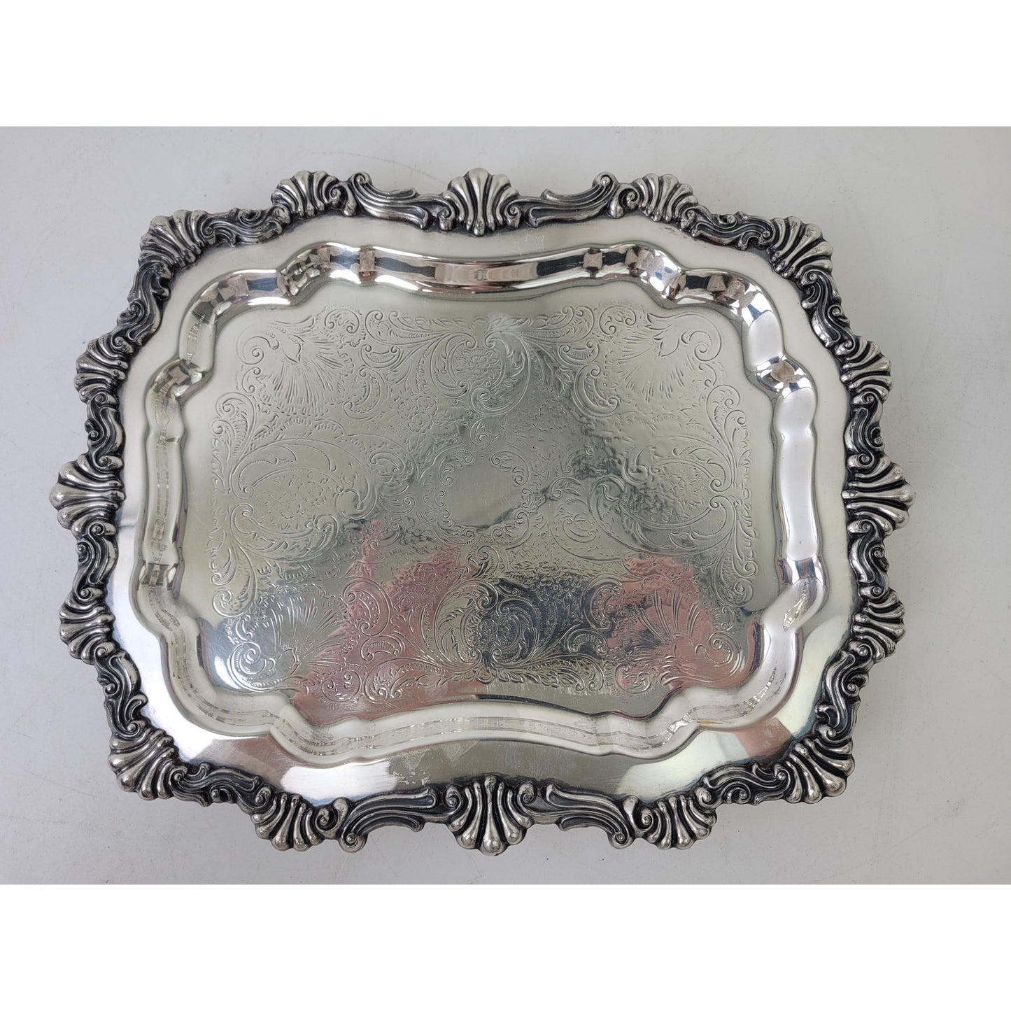 Vintage F.B. Rogers 6720 Silver Plate on Copper Footed Tray Scalloped 14" x 11"