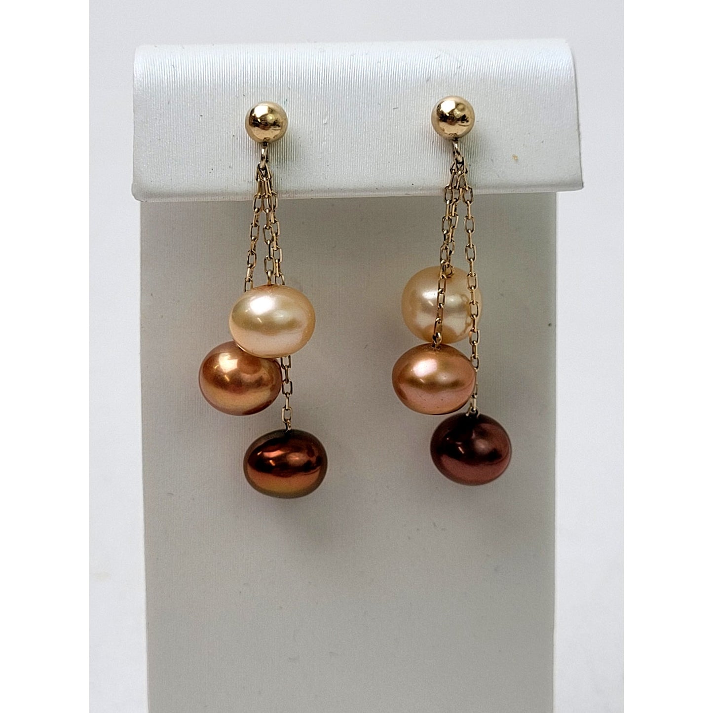 VTG 14K Yellow Gold Three Strand Genuine Pearl Drop Dangle Earrings