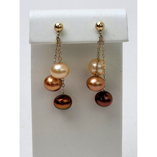 VTG 14K Yellow Gold Three Strand Genuine Pearl Drop Dangle Earrings