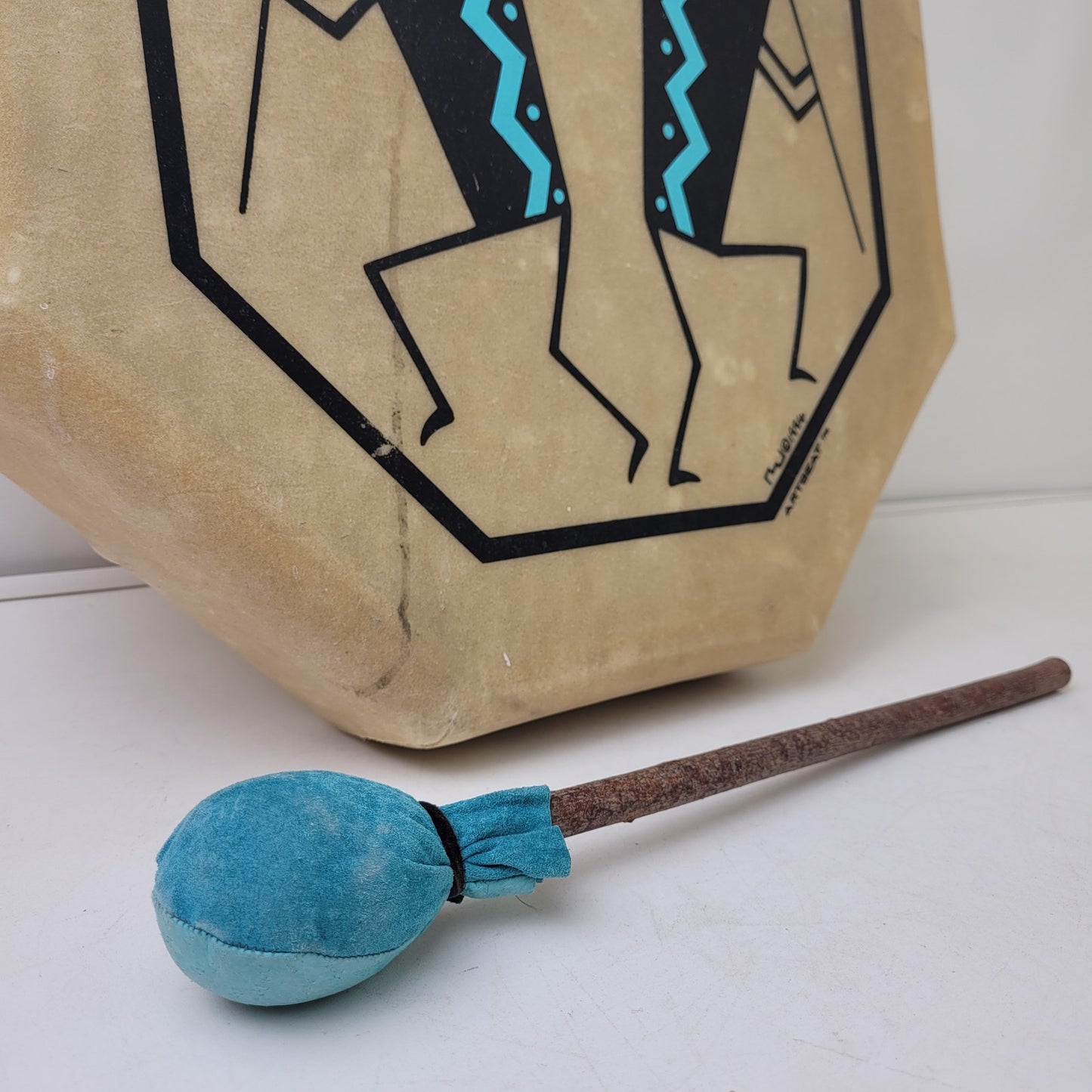 1994 Artbeat Octagonal Rawhide Drum ft. Kokopelli Native Figures 15.5" D
