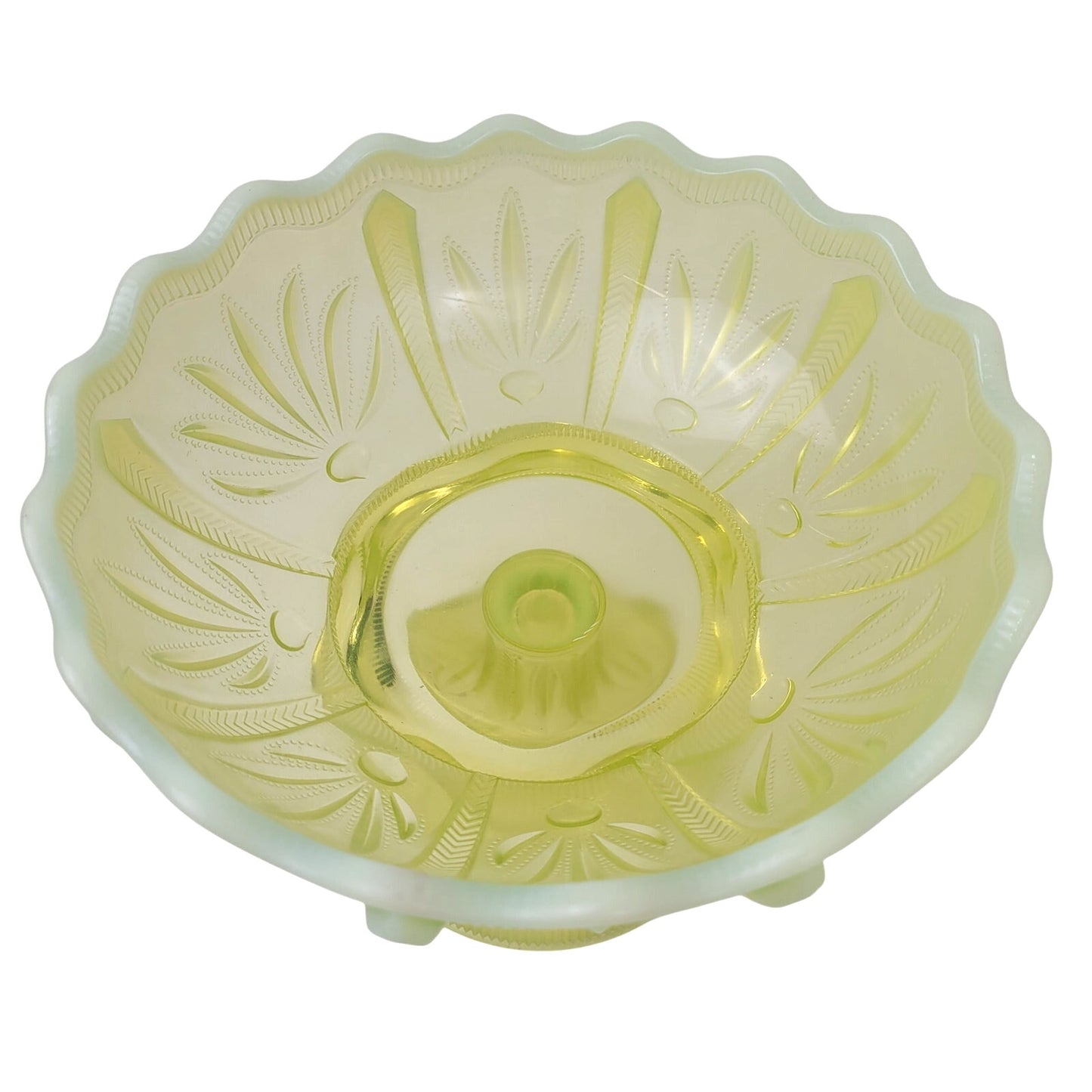 Vintage Fenton Vaseline Opalescent Glass Cactus Compote