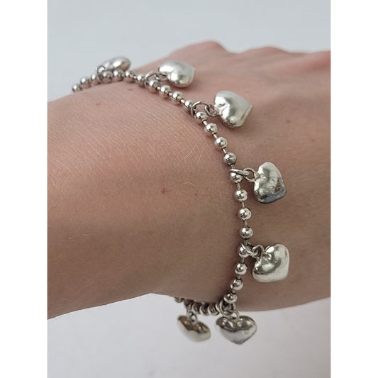 VTG Sterling Silver Puffy Heart Charm Bracelet | 7 3/8" Long | 11.7 Grams