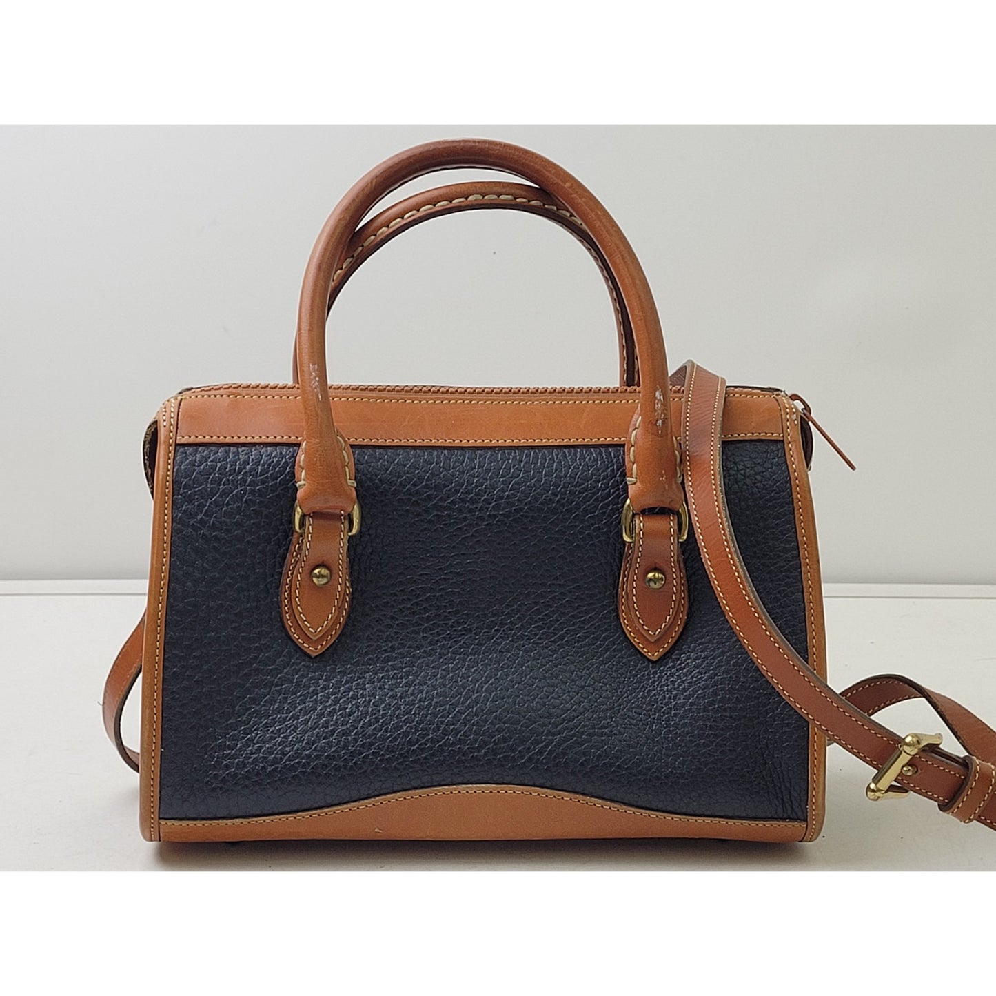 Vintage Dooney & Bourke All-Weather Leather Satchel Navy Blue, Tan, & Brass