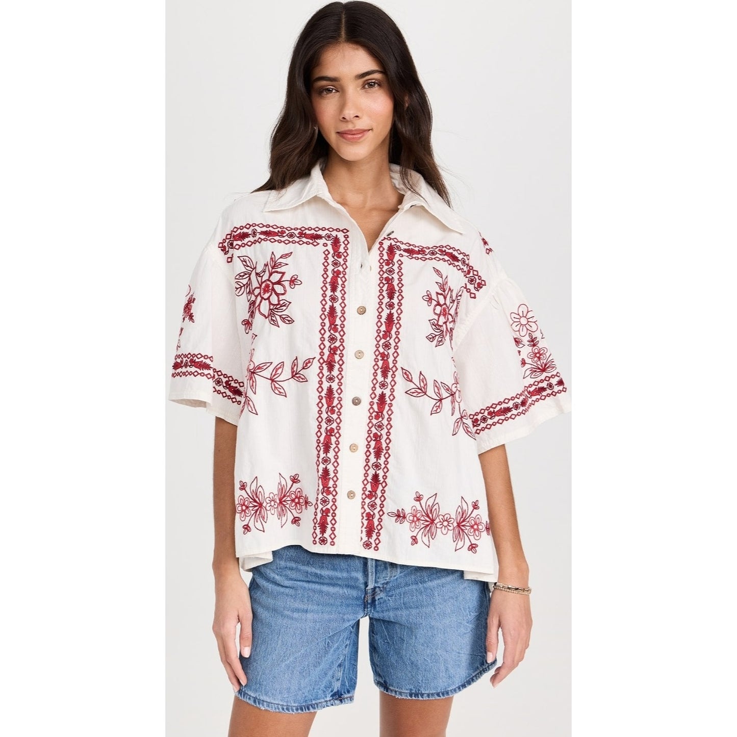 We The Free Refresh Vacation Shirt 100% Cotton Oversized Embroidered Sz L