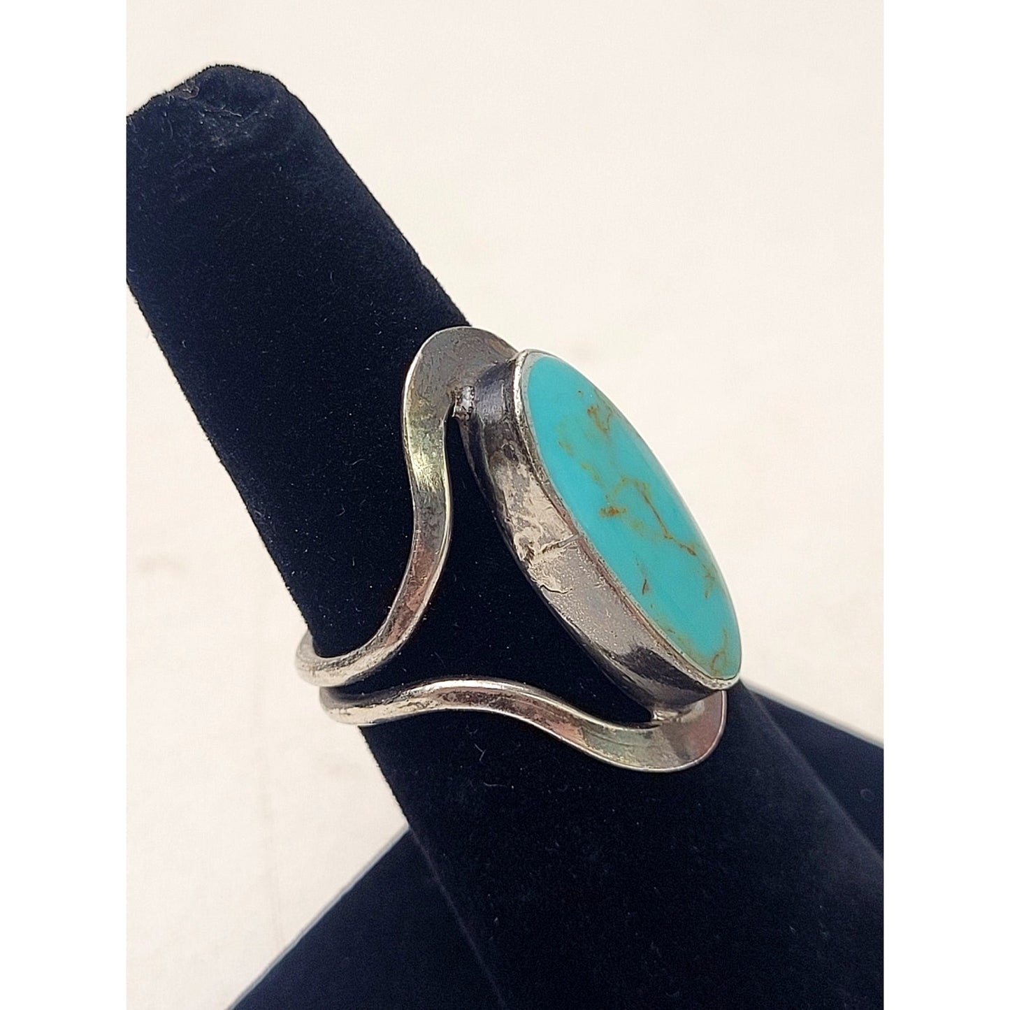 Vintage Mexican Sterling Silver Turquoise Open Frame Split Shank Ring Sz 6.5