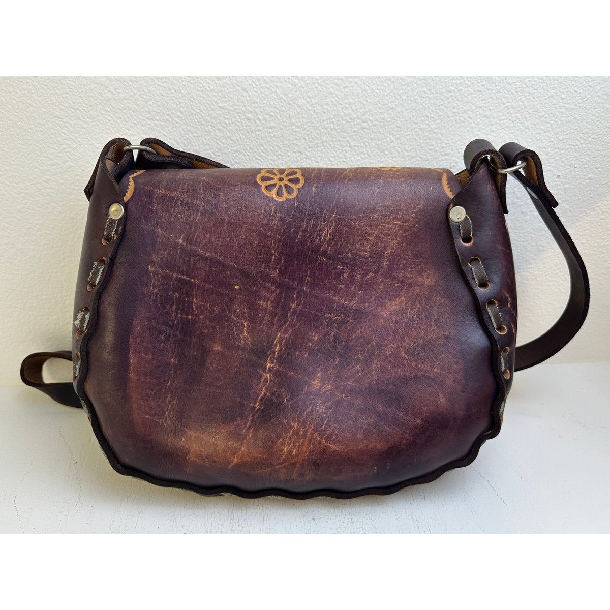 Vintage Mexican Hand-Tooled Floral Leather Crossbody Saddle Bag