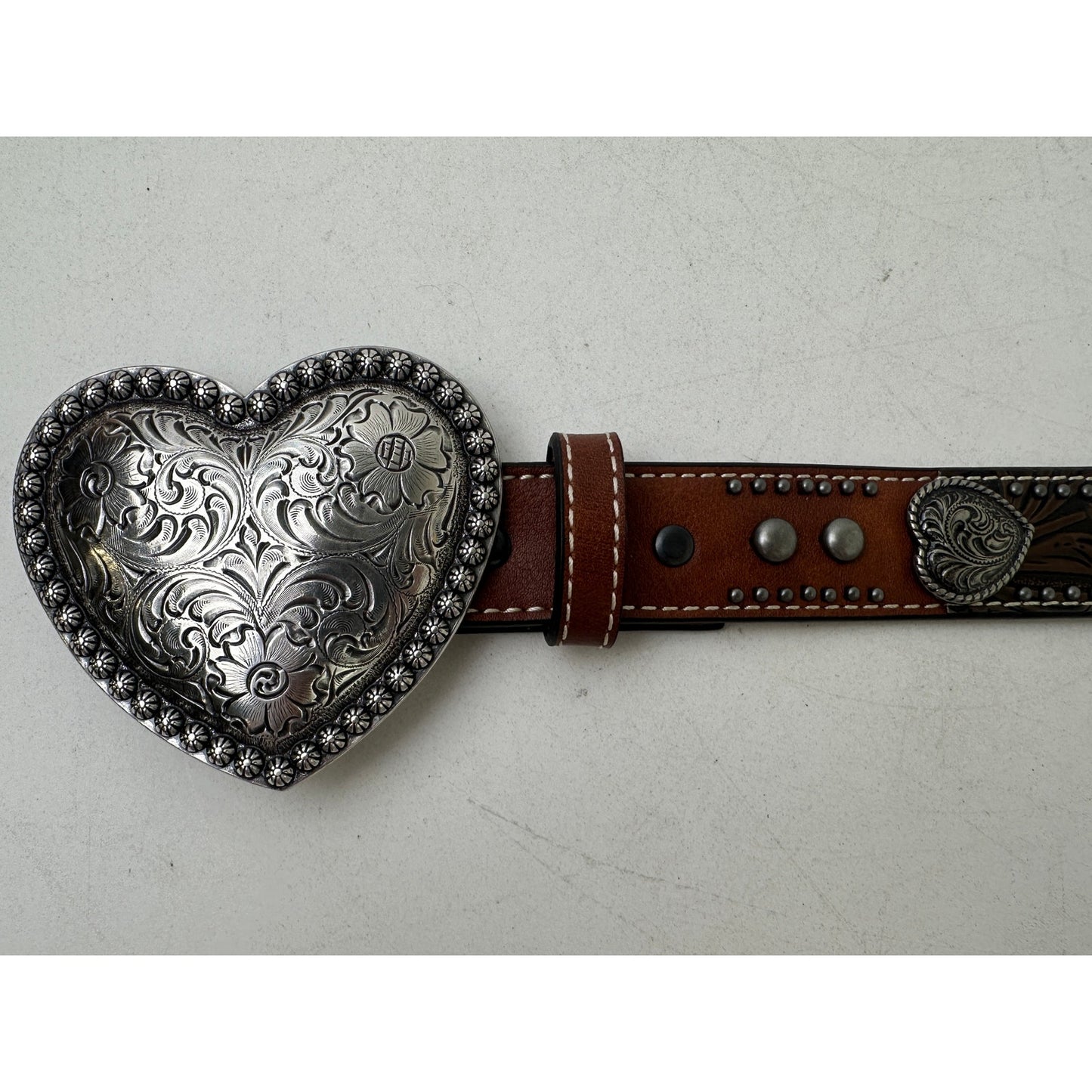 Ariat Western Brown Leather Belt W/ Silver Heart Buckle Children's Sz 24