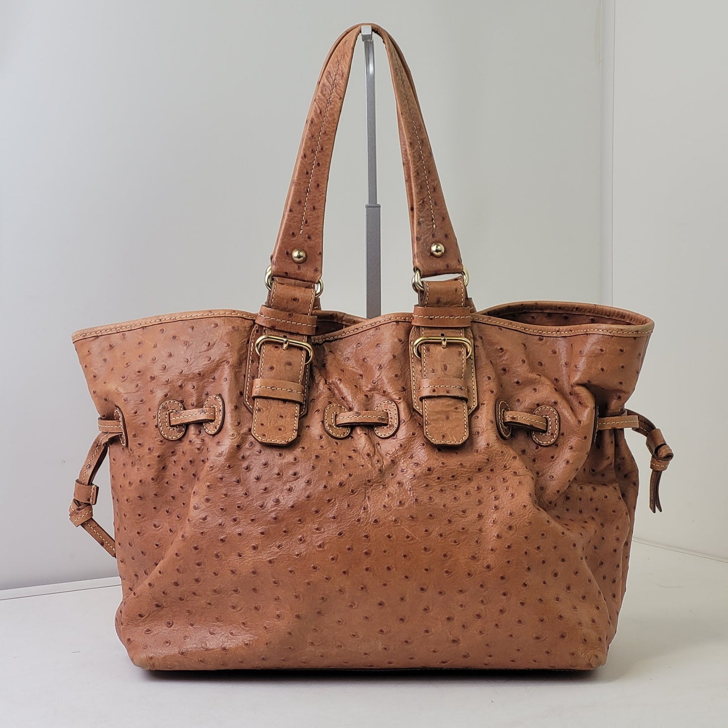 Dooney & Bourke Large Satchel Brown Ostrich-Embossed Leather Gold-Tone Hardware